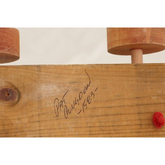 Vtg 1983 Handmade Pig Black White Wood Pull Toy Ring Cord Primitive On Wheels - Picture 4 of 4